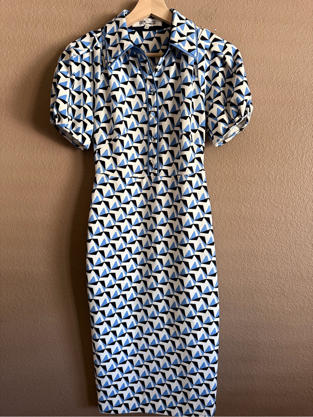 Diane Von Furstenberg Elly Midi Blue & White Geometric Puff Sleeve Dress Size 00